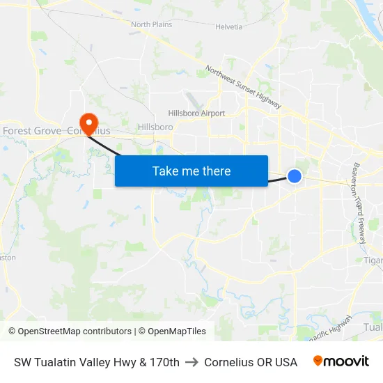 SW Tualatin Valley Hwy & 170th to Cornelius OR USA map