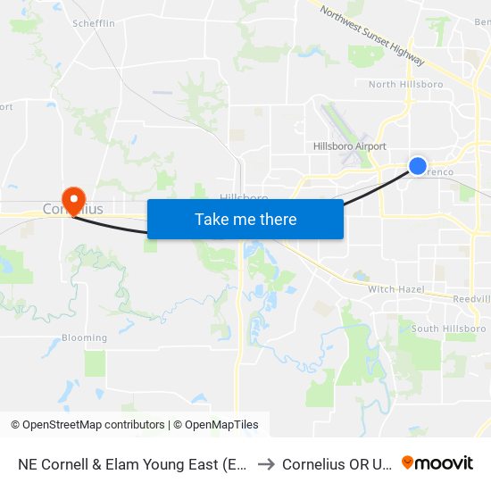 NE Cornell & Elam Young East (East) to Cornelius OR USA map