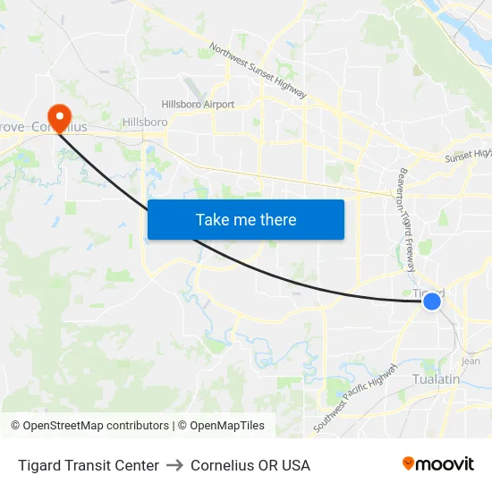 Tigard Transit Center to Cornelius OR USA map