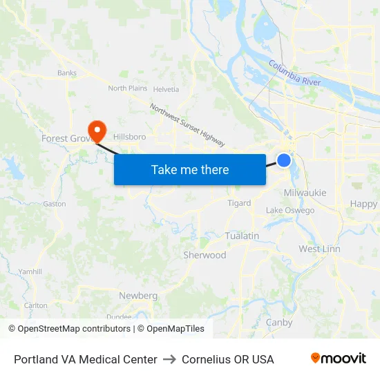 Portland VA Medical Center to Cornelius OR USA map