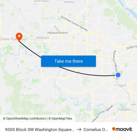9000 Block SW Washington Square Rd (North) to Cornelius OR USA map