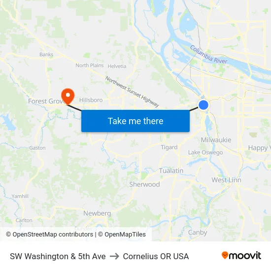 SW Washington & 5th Ave to Cornelius OR USA map