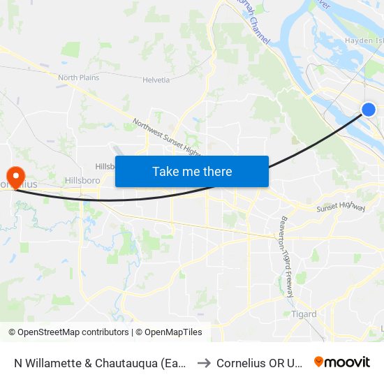 N Willamette & Chautauqua (East) to Cornelius OR USA map