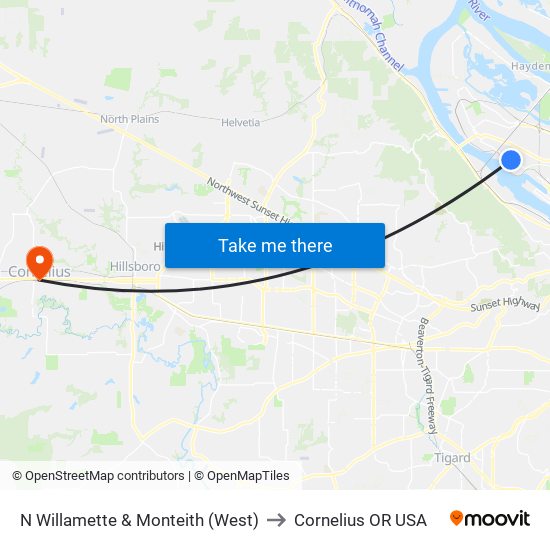 N Willamette & Monteith (West) to Cornelius OR USA map