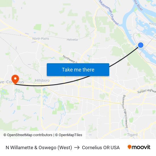 N Willamette & Oswego (West) to Cornelius OR USA map