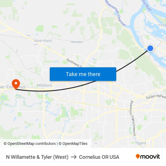 N Willamette & Tyler (West) to Cornelius OR USA map