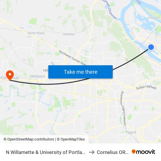 N Willamette & University of Portland (East) to Cornelius OR USA map