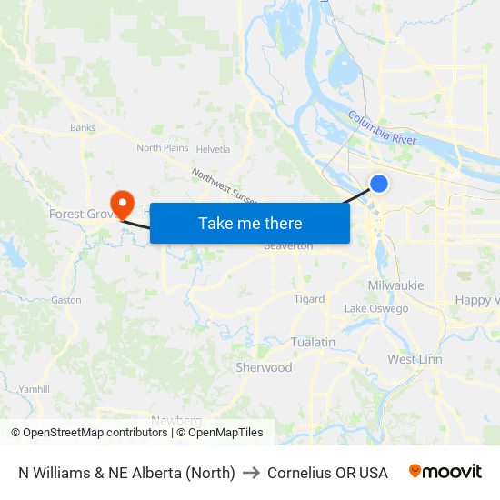 N Williams & NE Alberta (North) to Cornelius OR USA map