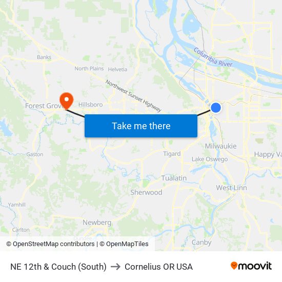 NE 12th & Couch (South) to Cornelius OR USA map