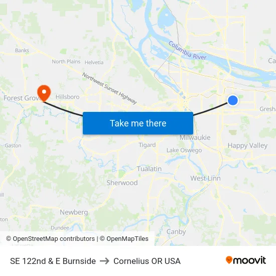 SE 122nd & E Burnside to Cornelius OR USA map