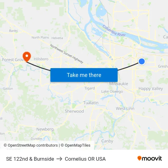 SE 122nd & Burnside to Cornelius OR USA map