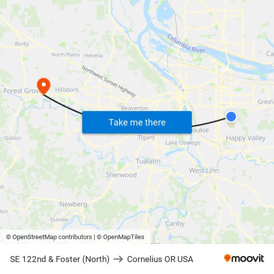 SE 122nd & Foster (North) to Cornelius OR USA map