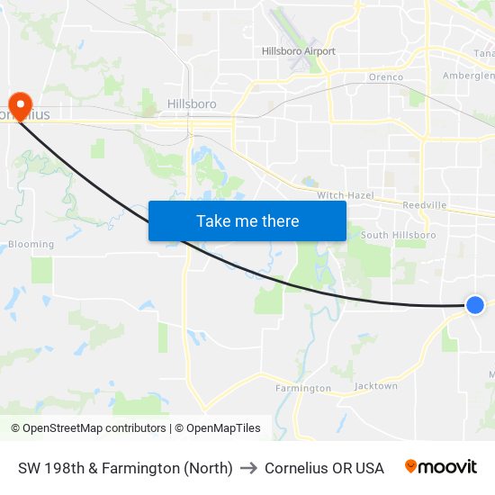 SW 198th & Farmington (North) to Cornelius OR USA map