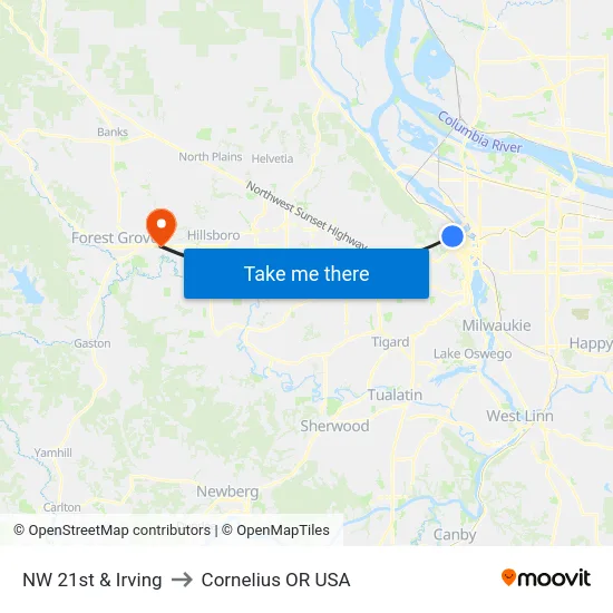 NW 21st & Irving to Cornelius OR USA map