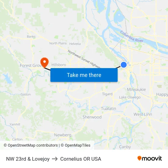 NW 23rd & Lovejoy to Cornelius OR USA map