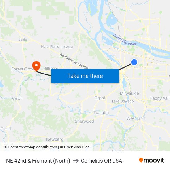 NE 42nd & Fremont (North) to Cornelius OR USA map