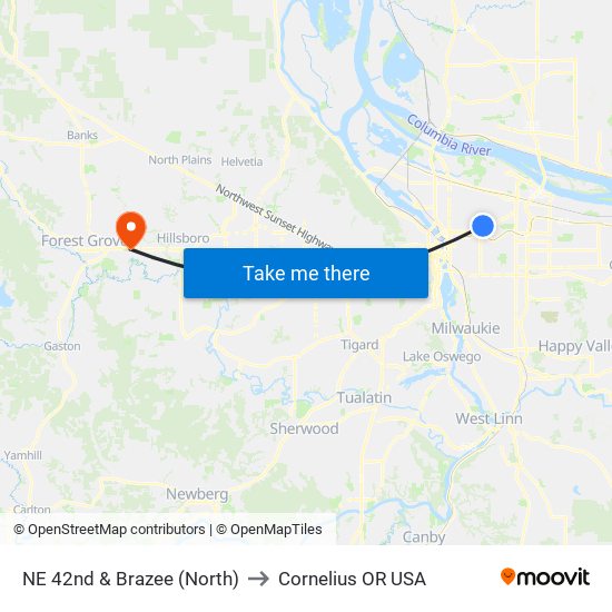 NE 42nd & Brazee (North) to Cornelius OR USA map