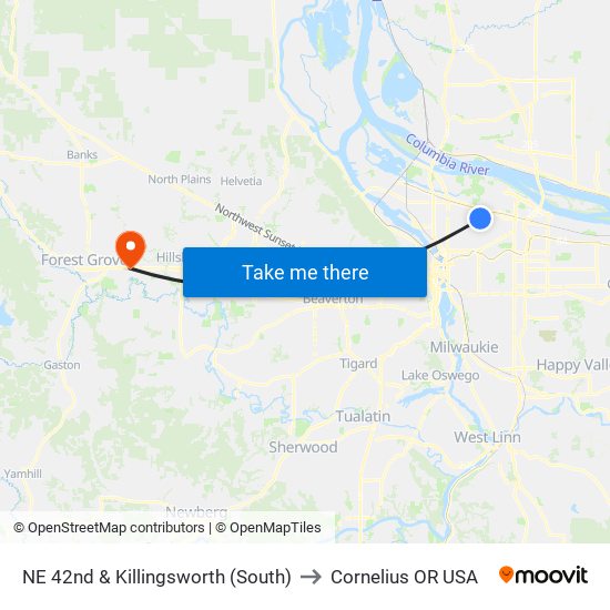 NE 42nd & Killingsworth (South) to Cornelius OR USA map