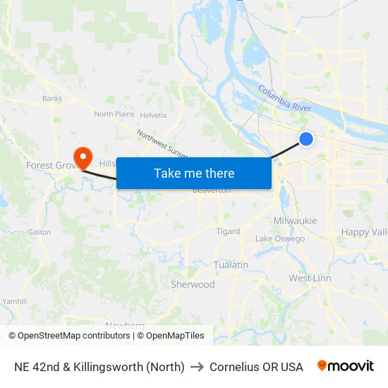 NE 42nd & Killingsworth (North) to Cornelius OR USA map