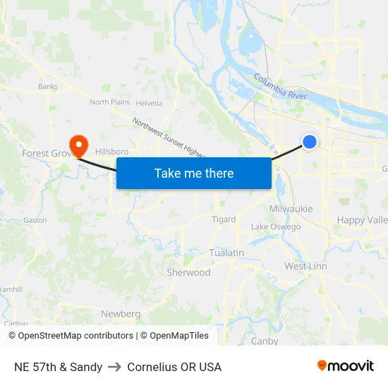 NE 57th & Sandy to Cornelius OR USA map