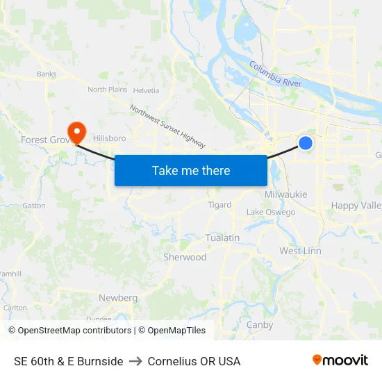 SE 60th & E Burnside to Cornelius OR USA map