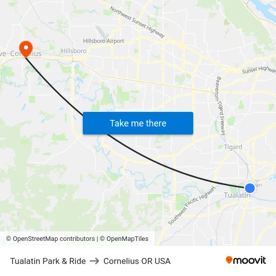 Tualatin Park & Ride to Cornelius OR USA map