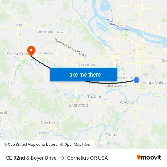 SE 82nd & Boyer Drive to Cornelius OR USA map