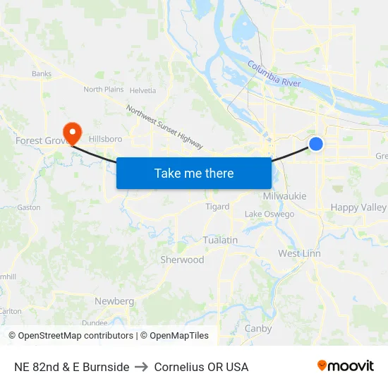 NE 82nd & E Burnside to Cornelius OR USA map