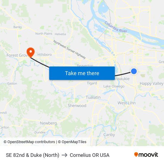 SE 82nd & Duke (North) to Cornelius OR USA map