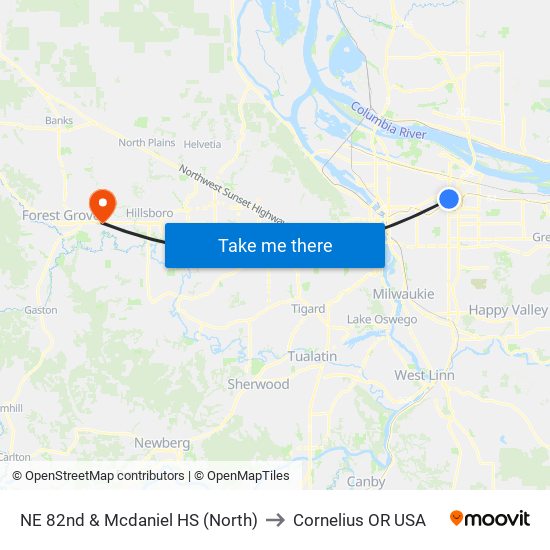 NE 82nd & Mcdaniel HS (North) to Cornelius OR USA map