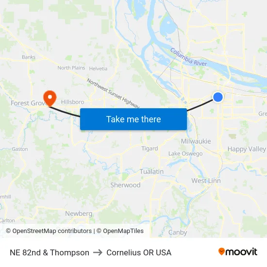 NE 82nd & Thompson to Cornelius OR USA map