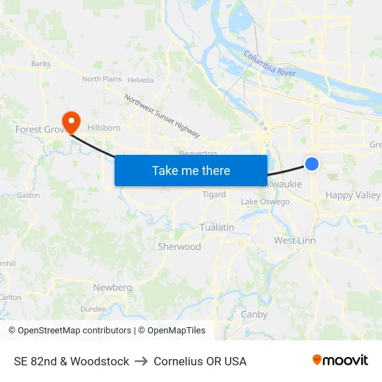 SE 82nd & Woodstock to Cornelius OR USA map