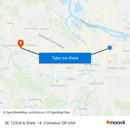 SE 122nd & Stark to Cornelius OR USA map