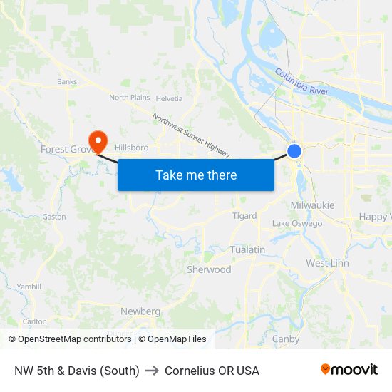 NW 5th & Davis (South) to Cornelius OR USA map