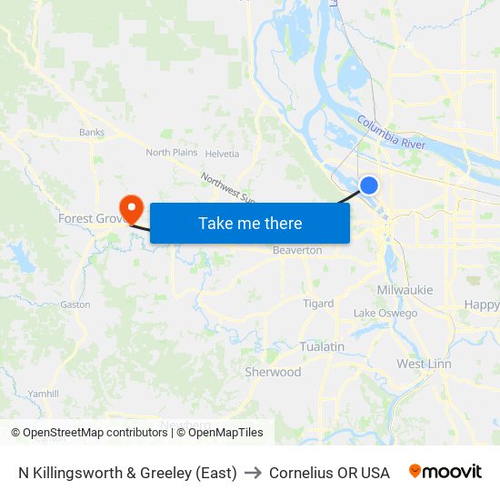 N Killingsworth & Greeley (East) to Cornelius OR USA map