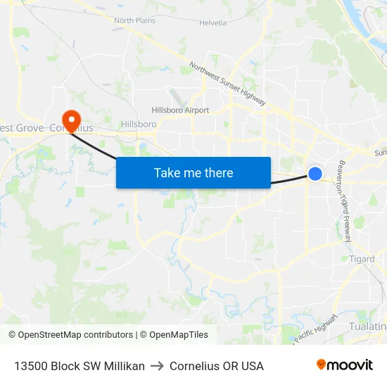 13500 Block SW Millikan to Cornelius OR USA map