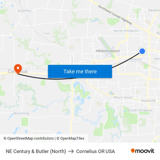 NE Century & Butler (North) to Cornelius OR USA map