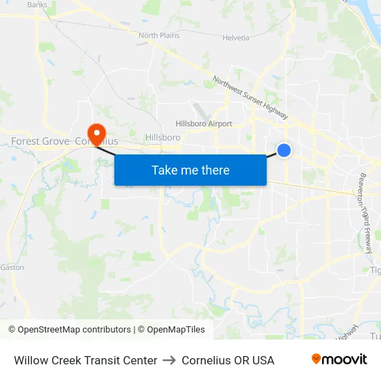 Willow Creek Transit Center to Cornelius OR USA map