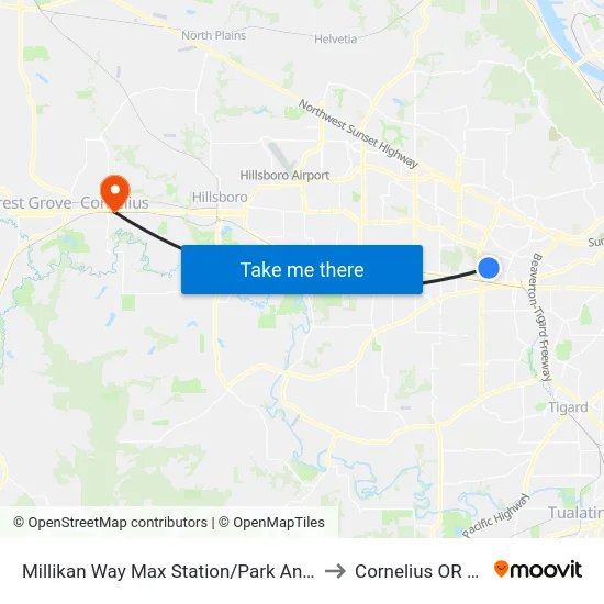 Millikan Way Max Station/Park And Ride to Cornelius OR USA map