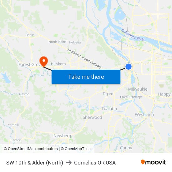 SW 10th & Alder (North) to Cornelius OR USA map