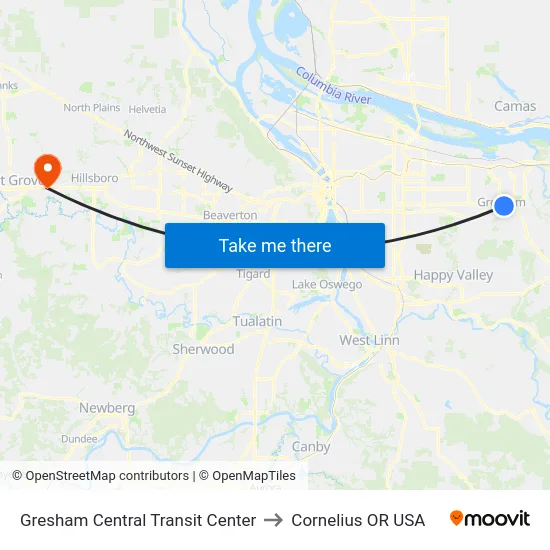 Gresham Central Transit Center to Cornelius OR USA map