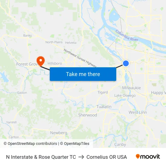 N Interstate & Rose Quarter TC to Cornelius OR USA map