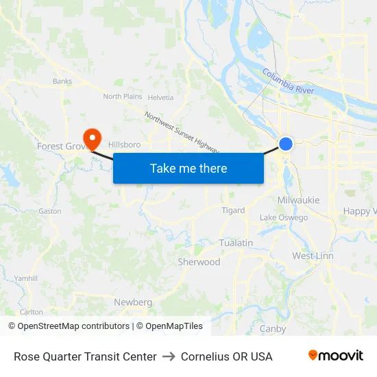 Rose Quarter Transit Center to Cornelius OR USA map