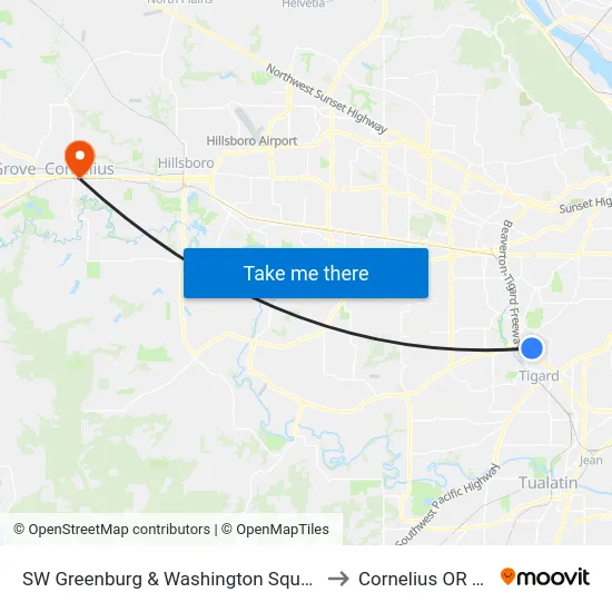 SW Greenburg & Washington Square Rd to Cornelius OR USA map