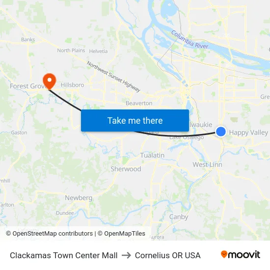 Clackamas Town Center Mall to Cornelius OR USA map