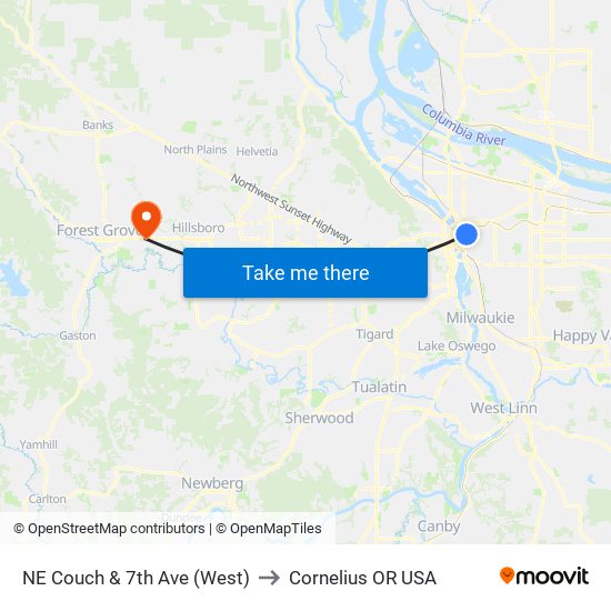 NE Couch & 7th Ave (West) to Cornelius OR USA map