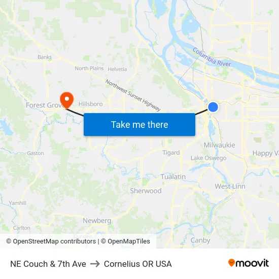 NE Couch & 7th Ave to Cornelius OR USA map