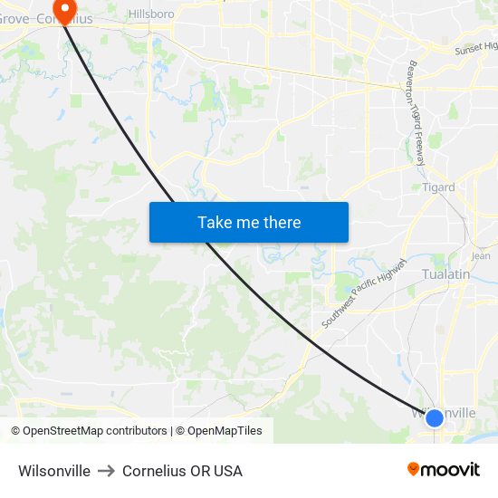Wilsonville to Cornelius OR USA map