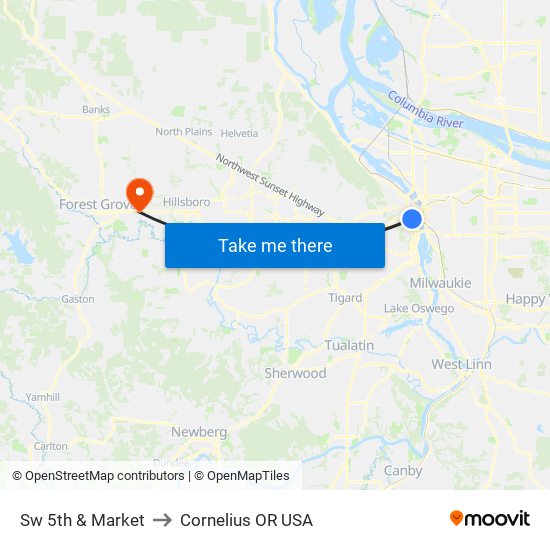 Sw 5th & Market to Cornelius OR USA map