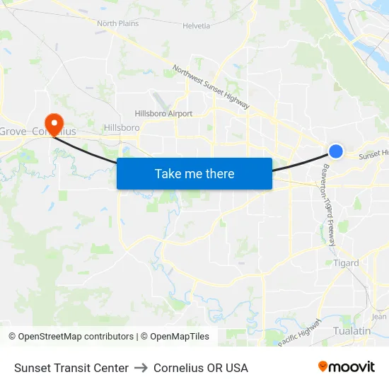 Sunset Transit Center to Cornelius OR USA map